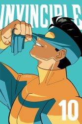 1boy b0nesjam black_hair blue_background blue_mask goggles hand_up highres invincible_(series) long_hair open_mouth removing_mask shiesty_mark simple_background smile solo superhero_costume