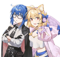 2girls ahoge animal_ear_fluff animal_ears arcueid_brunestud belt black_gloves black_jacket black_skirt blonde_hair blue_eyes blue_hair blue_skirt blush bow breasts c.i.e.l_(fate) c.i.e.l_(second_ascension)_(fate) camisole cat_ears choker ciel_(tsukihime) citrusarjun cleavage collared_shirt crescent crescent_hair_ornament crop_top crop_top_overhang fate/grand_order fate_(series) fingerless_gloves glasses gloves hair_ornament headphones hood hooded_jacket jacket jacket_on_shoulders large_breasts long_sleeves looking_at_viewer multiple_girls navel necktie open_mouth phantas-moon phantas-moon_(second_ascension) pink_jacket purple_gloves red_eyes shirt short_hair skirt sleeves_rolled_up smile striped_clothes striped_gloves white_camisole white_shirt