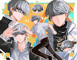 1boy black_jacket closed_mouth fsmaichobpeg0 glasses grey_hair grin highres jacket male_focus multiple_views narukami_yu persona persona_4 running shirt short_hair smile solo teeth white_shirt