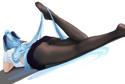 1girl absurdres ass black_pantyhose black_skirt feet ganyu_(genshin_impact) genshin_impact goat_horns gold_trim highres horns long_hair lx6483724 pantyhose pleated_skirt shirt simple_background skirt very_long_hair white_background white_shirt