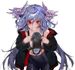 1girl absurdres blue_hair blush grin highres horns leggings long_hair looking_at_viewer original red_eyes sharp_teeth shoes single_shoe smile sports_bra steam teeth transparent_background unworn_shoes yingxiong_wang_mimi