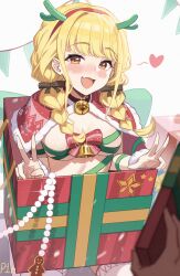 1girl 1other absurdres artist_name bell blonde_hair blush box braid breasts brown_ribbon capelet fake_antlers fang fujita_kotone fur-trimmed_capelet fur_trim gakuen_idolmaster gift gift_box green_ribbon hair_ribbon heart highres idolmaster in_box in_container long_hair looking_at_viewer medium_breasts naked_ribbon neck_bell p1n pov pov_hands red_capelet ribbon skin_fang smile solo_focus twin_braids v w yellow_eyes