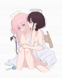 2girls angel blue_eyes blush breasts brown_hair chinese_commentary commentary_request dress fake_halo fake_wings female_masturbation girls_band_cry grey_eyes halo highres hina_(girls_band_cry) iseri_nina low_twintails masturbation medium_breasts multiple_girls nipples open_mouth pink_hair scissors short_hair short_twintails strap_slip tail_rubbing twintails white_dress wings yun_cao_bing yuri