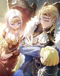 1girl 2boys aged_down alternate_universe belt black_belt black_capelet blonde_hair blue_eyes breasts cape capelet child cleavage crossed_arms dimitri_alexandre_blaiddyd dimitri_alexandre_blaiddyd_(stargazing_lion) dimitri_alexandre_blaiddyd_(young) dress dual_persona earrings edelgard_von_hresvelg edelgard_von_hresvelg_(adorned_eagle) fire_emblem fire_emblem:_three_houses fire_emblem_heroes fur_cape highres jewelry long_hair looking_at_another medium_breasts multiple_boys nintendo off-shoulder_dress off_shoulder official_alternate_costume open_mouth purple_eyes red_dress short_hair sitting smile soma_otakuu time_paradox