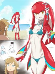 1boy 1girl bikini blonde_hair blue_eyes blush breasts colored_skin fins fish_girl hair_ornament jewelry link long_hair looking_at_viewer mipha monbetsu_kuniharu monster_girl multicolored_skin nintendo no_eyebrows open_mouth pointy_ears red_skin smile swimsuit the_legend_of_zelda the_legend_of_zelda:_breath_of_the_wild yellow_eyes zora