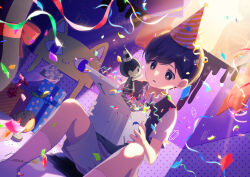 2boys big_yellow_cat_(omori) black_eyes black_hair black_sweater_vest bright_pupils collared_shirt confetti dutch_angle feet_out_of_frame fingernails gift grey_shorts hair_behind_ear happy_birthday hat highres holding jack-in-the-box kel_(faraway)_(omori) kel_(omori) knees_up looking_at_object losno multiple_boys no_shoes omori omori_(omori) parted_lips party_hat shirt short_hair short_sleeves shorts signature sitting socks solo solo_focus something_(omori) sprout_mole star_(symbol) striped_clothes striped_headwear sunny_(omori) sweater_vest white_hat white_pupils white_shirt white_socks yellow_hat