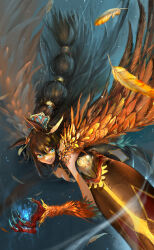 1girl absurdres alternate_hair_length alternate_hairstyle animal_ears bent_over black_hair breasts cleavage_cutout clothing_cutout domino_mask ear_ornament el_condor_pasa_(kukulkan_monk)_(umamusume) el_condor_pasa_(umamusume) energy eye_mask falling_feathers feathered_wings feathers green_eyes hair_between_eyes hair_ornament half-harpy highres horse_ears horse_girl horse_tail jinchigou large_breasts long_hair mask masked official_alternate_costume open_mouth orange_wings pants smile solo tail talons umamusume very_long_hair wind wings yellow_mask