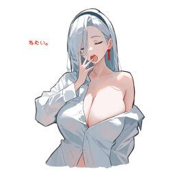1girl absurdres breasts earrings genshin_impact hair_over_one_eye headband highres huge_breasts jewelry large_breasts long_hair partially_unbuttoned shenhe_(genshin_impact) shirt simple_background solo tassel tassel_earrings very_long_hair white_background white_hair white_shirt yawning yumeto_(ym-1)