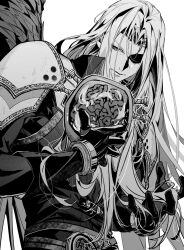 1boy armor bangle belt belt_buckle black_coat black_gloves black_wings bracelet buckle closed_mouth coat feathered_wings final_fantasy final_fantasy_vii final_fantasy_vii_remake gloves grey_hair greyscale hand_in_own_hair highres holding_detached_head jenova jewelry long_bangs long_coat long_hair long_sleeves looking_at_another male_focus monochrome parted_bangs sephiroth shoulder_armor single_wing slit_pupils solo upper_body white_background wings yan_river