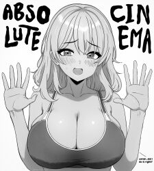 1girl 2024 absolute_cinema_(meme) absurdres arms_up artist_name bare_shoulders blush breasts cleavage collarbone crop_top embarrassed english_text female_focus highres large_breasts long_hair looking_back meme open_hand open_mouth original simple_background solo stepkingo_art straight-on sweatdrop upper_body wavy_hair white_background