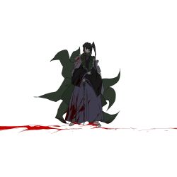 1other adagumo_no_yaorochi androgynous black_hair black_kimono blood blood_on_clothes blood_on_face cape coat faceless floral_print frilled_cape full_body green_coat green_scarf hair_ornament hair_over_shoulder hair_scrunchie hakama hakama_pants hand_on_own_arm high_side_ponytail highres holding holding_sword holding_weapon japanese_clothes jinbaori kimono len&#039;en long_hair long_sleeves multiple_tails mxx33 other_focus pants pom_pom_(clothes) pool_of_blood purple_cape purple_hakama scarf scrunchie short_kimono snake_tail socks solo standing straight-on sword sword_of_kusanagi tail tasouken weapon white_scrunchie white_socks wide_sleeves