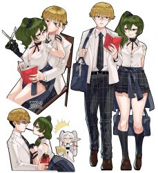 1boy 2girls :3 =_= absurdres alternate_costume bag black_bag black_choker black_gloves black_necktie black_pants black_scrunchie black_skirt black_socks blonde_hair book breasts brown_shoes c: chair choker contemporary elf expressionless food frieren glasses gloves green_hair grey_hair hair_ornament hair_over_shoulder hair_scrunchie highres holding holding_bag holding_book holding_scissors jacket land_(sousou_no_frieren) lapels large_breasts long_pointy_ears multiple_girls necktie notched_lapels pants plaid_clothes plaid_necktie plaid_pants plaid_skirt pocky pointy_ears rectangular_eyewear school_uniform scissors scrunchie shirt shoes short_hair short_sleeves shoulder_bag side_ponytail simple_background single_glove sitting sitting_on_person skirt smile socks sousou_no_frieren thighs twintails ubel_(sousou_no_frieren) wanderjegson white_background white_jacket white_shirt