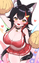 1girl :3 animal_collar animal_ears bare_arms bare_shoulders black_hair blush breasts cheerleader cleavage collar collarbone cowboy_shot crop_top hair_between_eyes halterneck heart highres holding holding_pom_poms hololive kani_bonara large_breasts leaning_forward long_hair looking_at_viewer midriff miniskirt multicolored_hair navel ookami_mio open_mouth orange_eyes pleated_skirt pom_pom_(cheerleading) pom_poms ponytail red_shirt red_skirt shirt sidelocks simple_background skirt smile streaked_hair tail tareme thighs very_long_hair virtual_youtuber wolf_ears wolf_girl wolf_tail