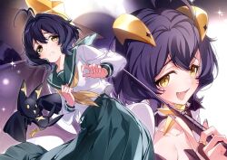 1girl ahoge black_hair breasts cleavage fang highres hiiragi_utena horns magia_baiser mahou_shoujo_ni_akogarete medium_breasts medium_hair multiple_views nail_polish official_art open_mouth riding_crop school_uniform skirt smile star-shaped_pupils star_(symbol) symbol-shaped_pupils u35 venalita yellow_eyes