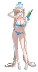 1girl absurdly_long_hair absurdres alternate_costume alternate_hairstyle asuna_(blue_archive) bikini blue_archive blue_bikini blue_eyes blue_halo blue_ribbon blush breasts brown_hair cleavage collarbone commentary contrapposto english_commentary eyes_visible_through_hair full_body hair_over_one_eye hair_ribbon halo hand_up highres holding_toy_gun large_breasts long_hair looking_at_viewer navel ribbon sandals simple_background skindentation smile solo standing swimsuit thighs toes twintails v very_long_hair water_gun white_sandals yamu_(yamu_030)