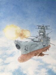 Rule 34 | absurdres, aircraft, airship, atelier bono, battleship, blue sky, cannon, cloud, firing, highres, military vehicle, muzzle flash, no humans, painting (medium), ship, ship turret, sky, traditional media, uchuu senkan yamato, vehicle focus, warship, watercolor (medium), watercraft, yamato (uchuu senkan yamato)
