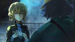 Rule 34 | :o, amane suzuha, amane suzuha (beta), black jacket, blue jacket, blue track suit, braid, breasts, brown hair, cropped jacket, father and daughter, game cg, gloves, hair rings, hashida itaru, high collar, highres, holding, holding gloves, holding unworn clothes, huke, jacket, jacket over jacket, leather, leather jacket, medium breasts, non-web source, official art, ringed eyes, sad, steins;gate, steins;gate 0, track jacket, track suit, twin braids, twintails, unworn gloves, yellow eyes