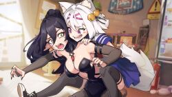 2girls animal_ears bell black_garter_belt black_garter_straps black_hair blue_skirt breasts carrying cleavage elbow_gloves filian_(vtuber) fox_ears fox_girl fox_tail garter_belt garter_straps gloves green_eyes haedgie hair_bell hair_ornament highres indie_virtual_youtuber layna_lazar long_hair medium_hair multiple_girls open_mouth piggyback pleated_skirt ponytail shirt short_sleeves skirt tail teeth thighhighs virtual_youtuber white_hair white_shirt white_thighhighs