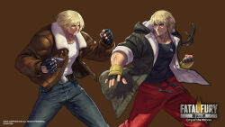 Rule 34 | 2boys, black gloves, blonde hair, brown jacket, capcom, copyright name, crossover, facial hair, fatal fury, fatal fury: city of the wolves, fingerless gloves, fur-trimmed jacket, fur collar, fur trim, gloves, highres, jacket, ken masters, long sleeves, male focus, multiple boys, muscular, muscular male, official art, ogura eisuke, padded gloves, short hair, smile, snk, street fighter, street fighter 6, terry bogard, thick eyebrows