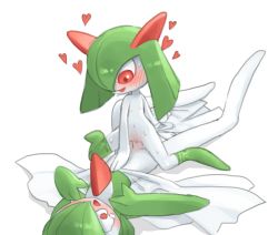 1boy 1girl age_difference blush bob_cut colored_skin completely_nude cowgirl_position flat_chest gardevoir gen_3_pokemon green_hair green_skin green_thighhighs hair_between_eyes heart hetero horns kirlia loli lying nintendo nipples no_humans nude on_back open_mouth penis pokemon pokemon_(creature) pussy red_eyes red_horns sex short_hair straddling sweat thighhighs tosx vaginal white_background white_skin