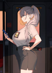 1girl alternate_costume braid braided_bangs breasts cellphone from_side grey_hair grey_skirt hair_over_shoulder hand_on_own_hip high-waist_skirt highres holding holding_phone hololive hololive_indonesia indonesian_high_school_uniform indoors large_breasts long_hair looking_at_phone ocetee pavolia_reine pencil_skirt phone ponytail school_uniform shirt shirt_tucked_in skirt smartphone solo train_interior virtual_youtuber white_shirt