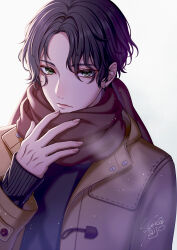 1boy black_hair black_sweater brown_scarf closed_mouth coat commentary_request duffel_coat earrings green_eyes grey_background jewelry light_particles long_sleeves looking_at_viewer male_focus open_clothes open_coat original parted_bangs saijou_yurika scarf short_hair signature solo sweater toggles upper_body