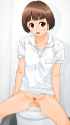 Rule 34 | 1girl, bathroom, blush, bottomless, breasts, brown eyes, brown hair, collarbone, dedenden (pixiv30568724), glasses, looking at viewer, name tag, open mouth, original, peeing, pubic hair, pussy, shirt, short hair, short sleeves, sitting, small breasts, smile, spread legs, toilet, toilet use, white shirt