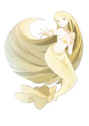 1girl absurdly_long_hair absurdres armlet bare_arms bare_shoulders bead_bracelet beads bikini blonde_hair blunt_bangs blunt_ends bracelet coco_(mermaid)_(mermaid_melody_pichi_pichi_pitch) coco_(mermaid_melody_pichi_pichi_pitch) dot_nose earrings eyelashes fins fish_tail floating_hair full_body hand_on_own_chest happy highres jewelry long_hair looking_ahead mermaid mermaid_melody_pichi_pichi_pitch monster_girl morgue_(southsakura) navel necklace open_mouth outstretched_hand reaching shell shell_bikini simple_background sitting smile solo stomach straight_hair strapless strapless_bikini swimsuit tail tail_ornament tail_ring very_long_hair white_background yellow_bikini yellow_eyes yellow_tail