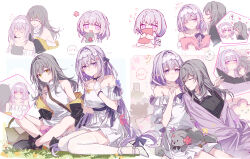 2girls ? absurdres alternate_costume bare_shoulders biting biting_ear black_boots boots bright_pupils castorice_(honkai:_star_rail) chibi dress flying_sweatdrops full_body gloves grey_hair hairband half_gloves high_heels highres honkai:_star_rail honkai_(series) jacket long_hair looking_at_another multiple_girls multiple_views off_shoulder official_alternate_costume one_eye_closed open_clothes open_jacket purple_eyes purple_hair shoes short_sleeves simple_background sitting smile spoken_blush spoken_question_mark stelle_(honkai:_star_rail) stelle_(world_tour_2023)_(honkai:_star_rail) thighhighs trailblazer_(honkai:_star_rail) wariza white_dress white_gloves white_hairband white_pupils white_thighhighs yajuu zettai_ryouiki