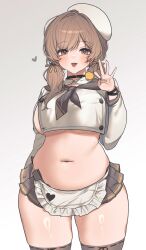 1girl apron ascot beret black_nails blush bow bready_(nikke) breasts brown_eyes brown_hair candy crop_top food goddess_of_victory:_nikke grey_background grey_skirt grey_thighhighs hair_bow hair_over_shoulder hat heart highres holding_candy holding_food holding_lollipop large_breasts lollipop low_twintails medium_hair midriff miniskirt navel open_mouth plump pplmo1009 saliva saliva_trail shirt skirt solo standing thick_thighs thighhighs thighs tongue tongue_out twintails underboob white_hat white_shirt wide_hips wristband