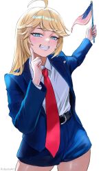 1girl ahoge american_flag artist_name belt belt_buckle black_belt blonde_hair blue_eyes blue_shorts blue_suit buckle collared_shirt commentary cowboy_shot donald_trump flag formal_clothes genderswap genderswap_(mtf) grin highres holding holding_flag jacket long_hair long_sleeves looking_at_viewer necktie open_clothes open_jacket photo-referenced pointing pointing_up real_life red_necktie robusta_mania romaji_commentary shirt shirt_tucked_in shorts simple_background smile solo suit white_background white_shirt