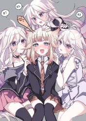 Rule 34 | 4girls, @ @, ahoge, black jacket, black thighhighs, cevio, collared shirt, grey hair, hair between eyes, hair flaps, highres, ia (vocaloid), jacket, long hair, long sleeves, multiple girls, multiple persona, necktie, nervous smile, one (cevio), open clothes, open jacket, open mouth, purple eyes, school uniform, shirt, short hair with long locks, single thighhigh, sitting, skirt, smile, sotsunaku, sweat, thighhighs, vocaloid, white shirt