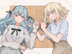 2girls bang_dream! bang_dream!_it&#039;s_mygo!!!!! black_ribbon blonde_hair blue_hair blush brown_skirt closed_mouth commentary hair_between_eyes hair_ribbon highres long_hair long_sleeves lying medium_hair misumi_uika multiple_girls nanami_(nunnun_0410) on_back open_mouth purple_eyes ribbon ship_name shirt short_sleeves skirt string string_of_fate togawa_sakiko two_side_up white_shirt yellow_eyes yuri