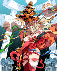 1girl animal_ears bell blonde_hair blue_nails breasts closed_mouth cowboy_shot dot_mouth elbow_gloves fingerless_gloves ghost gloves green_eyes hair_bell hair_ornament holding jingle_bell kafun medium_breasts moon nail_polish night night_sky original red_gloves red_panda ribbed_thighhighs ribbon sky star_(sky) starry_sky statue tail thighhighs