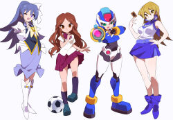 4girls aile_(mega_man_zx) aiming aiming_at_viewer arm_cannon armor black_bodysuit black_vest blue_armor blue_hair blue_helmet blue_sky bodysuit boots bow bowtie breasts brown_eyes brown_hair card character_request closed_mouth commentary_request copyright_request crossover crotch_plate dress duel_academy_uniform_(yu-gi-oh!_gx) forehead_jewel greyscale group_picture hand_on_own_hip helmet high_ponytail holding holding_card inazuma_eleven inazuma_eleven_(series) kaidou_zx kobayashi_sanae light_trail long_hair looking_at_viewer medium_breasts mega_man_(series) mega_man_zx miniskirt model_x_(mega_man) monochrome multiple_crossover multiple_girls open_mouth pleated_skirt ponytail purple_dress purple_eyes purple_skirt raimon_natsumi school_uniform shirt shoes short_sleeves simple_background skirt sky sleeveless sleeveless_shirt smile standing tenjouin_asuka trading_card very_long_hair vest voice_actor_connection weapon white_background white_shirt yu-gi-oh! yu-gi-oh!_gx
