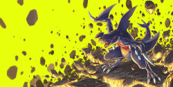Rule 34 | absurdres, black sclera, claws, colored sclera, commentary request, fish.boy, full body, garchomp, gen 4 pokemon, green background, highres, nintendo, no humans, open mouth, orange eyes, pokemon, pokemon (creature), pokemon focus, rock, sharp teeth, solo, standing, teeth, tongue