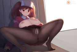 1girl alternate_breast_size anus ass black_pantyhose blush breasts brown_eyes brown_hair censored clothes_lift crotch_seam feet female_focus japanese_clothes kantai_collection kariginu large_breasts magatama magic_xiang nipples pantyhose pleated_skirt pussy red_shirt ryuujou_(kancolle) shirt shirt_lift skirt solo spread_legs thighs twintails visor_cap