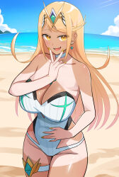 1girl absurdres beach blonde_hair breasts chest_jewel core_crystal_(xenoblade) cowboy_shot dark_skin earrings highres huge_breasts jewelry long_hair mythra_(xenoblade) ocean one-piece_swimsuit oruru63100814 parted_lips sand smile solo strapless strapless_one-piece_swimsuit swimsuit tan tanline thigh_strap tiara water white_one-piece_swimsuit xenoblade_chronicles_(series) xenoblade_chronicles_2