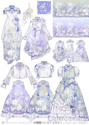 Rule 34 | blue ribbon, changpao, chinese clothes, clothes only, collared shirt, daisy (flower), dress, floral print, flower, flower knot, frilled skirt, frilled sleeves, frills, grey dress, high-waist skirt, highres, liu dalizi - ai huan qunzi, lolita fashion, long dress, long sleeves, mandarin collar, no humans, original, puffy long sleeves, puffy sleeves, purple skirt, qi lolita, reference inset, ribbon, shirt, short sleeves, simple background, skirt, tangzhuang, tassel, watermark, weibo watermark, white background, white dress, white shirt