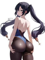 1girl ass ass_focus ass_support back backless_leotard backless_outfit bare_back bare_shoulders black_pantyhose blue_leotard breasts closed_mouth cowboy_shot earrings expressionless eyebrows eyelashes female_focus genshin_impact grabbing_own_ass green_eyes highleg highleg_leotard huge_ass jewelry leotard light_blush long_hair looking_at_viewer looking_back mihoyo mona_(genshin_impact) pantyhose simple_background small_breasts solo standing strapless strapless_leotard twintails white_background zetyi