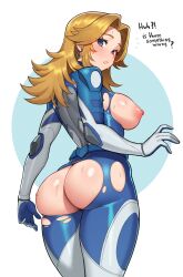 1girl absurdres animification ass ass_cutout ass_focus blonde_hair blue_bodysuit blue_eyes blush bodysuit breasts breasts_out butt_crack caught_staring clothing_cutout commentary english_text fantastic_four flying_sweatdrops from_behind hair_intakes highres huge_ass long_hair looking_at_viewer looking_back marvel marvel_rivals moursho multicolored_bodysuit nipples simple_background skindentation solo sue_storm superhero_costume sweat torn_bodysuit torn_clothes two-tone_bodysuit white_background white_bodysuit