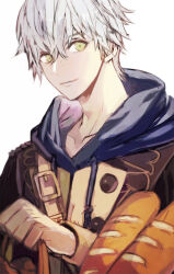 1boy ashe_ubert belt belt_buckle blue_hoodie bread buckle chest_belt closed_mouth fire_emblem fire_emblem:_three_houses food freckles garreg_mach_monastery_uniform green_eyes grey_hair hair_between_eyes holding hood hood_down hoodie lapels loaf_of_bread looking_to_the_side male_focus nintendo school_uniform short_hair sideways_glance simple_background sleeve_cuffs smile solo tsukimura_noe upper_body white_background