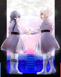 2girls blue_eyes blue_hair blue_ribbon blurry blurry_background bob_cut boots closed_mouth clothing_cutout colored_inner_hair commentary_request dark_blue_hair diagonal_bangs dollchestra dream_believers dress eye_contact frilled_dress frills from_behind full_body grey_hair hair_ornament hair_ribbon highres inverted_bob kanduki_kamibukuro knee_boots kneehighs layered_dress link!_like!_love_live! long_hair long_sleeves looking_at_another love_live! low_twintails multicolored_hair multiple_girls murano_sayaka offering_hand official_alternate_costume pink_dress red_eyes red_hair ribbon sailor_collar sailor_dress short_hair shoulder_cutout smile socks stage star_(symbol) star_hair_ornament streaked_hair twintails virtual_youtuber white_dress white_footwear white_sailor_collar white_socks yugiri_tsuzuri