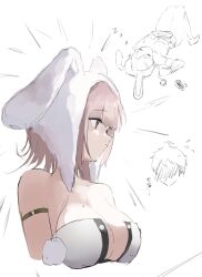 1boy 1girl ahoge animal_ears animal_hood blush breasts brown_hair cleavage closed_mouth cropped_torso danganronpa_(series) danganronpa_2:_goodbye_despair fake_animal_ears highres hinata_hajime hood knees_up large_breasts leotard lying medium_hair mole mole_on_breast nanami_chiaki on_back phare_(spring_ha1ru) rabbit_ears rabbit_hood sleeping translation_request white_background white_leotard zzz