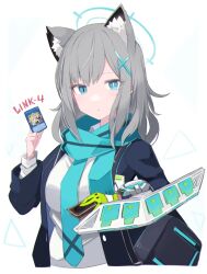 1girl abydos_high_school_logo accesscode_talker animal_ear_fluff animal_ears aqua_eyes aqua_necktie aqua_scarf bag black_jacket blue_archive blue_halo blush breasts card card_game closed_mouth duel_disk gloves green_gloves grey_hair hair_between_eyes hair_ornament halo highres holding holding_card jacket long_hair long_sleeves looking_at_viewer medium_breasts mismatched_pupils necktie sakuragi_raia scarf school_bag shiroko_(blue_archive) simple_background solo upper_body white_background wolf_ears wolf_girl yu-gi-oh!