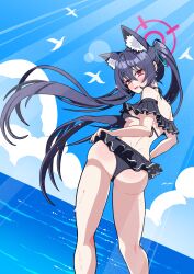 1girl absurdres animal_ears ass bare_shoulders bikini blue_archive blue_bikini breasts cat_ears days_(user_zehd4554) hair_between_eyes halo highres looking_at_viewer looking_back medium_breasts official_alternate_costume pink_halo purple_hair red_eyes serika_(blue_archive) serika_(swimsuit)_(blue_archive) swimsuit thighs