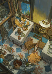 2boys animal_ears artist_name beak bird_boy bird_tail chair cooking cooking_pot eating food from_above furry furry_male green_eyes highres holding holding_food indoors kettle kitchen lamp multiple_boys on_chair open_mouth original plant plate potted_plant radiator salt_shaker scenery signature sitting slice_of_life spoon standing table tablecloth tail tile_floor tiles tuozhazi window wolf_boy wolf_ears
