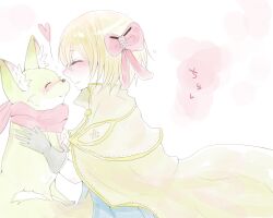 1boy ajie_(sura-kun) blonde_hair blue_shirt blush bow brown_cape cape closed_eyes closed_mouth commentary_request fox gloves grey_gloves hair_bow heart male_focus pink_bow ragnarok_online shirt short_hair simple_background smile solo upper_body white_background wizard_(ragnarok_online)