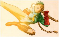 1girl angry bare_legs bengus beret blonde_hair blue_eyes bodypaint boots braid brown_boots cammy_white capcom clenched_hands facial_scar facing_to_the_side fighting_stance flying_kick game_cg gloves hat highleg highleg_leotard highres kicking legs_up leotard long_hair marvel marvel_vs._capcom marvel_vs._capcom_2 necktie non-web_source official_art scan scar scar_on_cheek scar_on_face simple_background sleeved_leotard solo standing street_fighter twin_braids