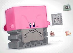 blue_eyes blush_stickers fang fleeing goomba kirby kirby_(series) mario_(series) mouthful_mode nintendo no_humans open_mouth simple_background suyasuyabi thwomp twitter_username v-shaped_eyebrows waddle_dee white_background